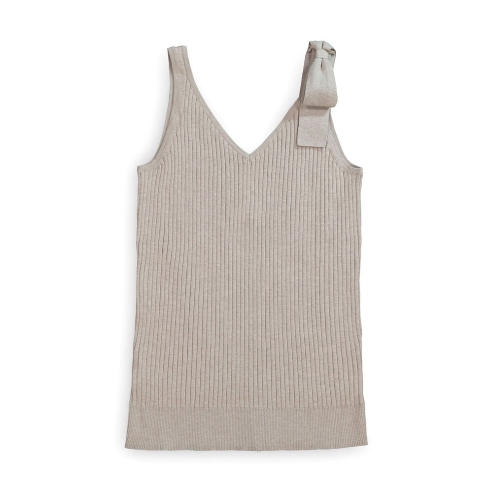 Hope & Henry V-Neck Ribbed Knit Tank Bow Small Taupe Tan organic minimalist